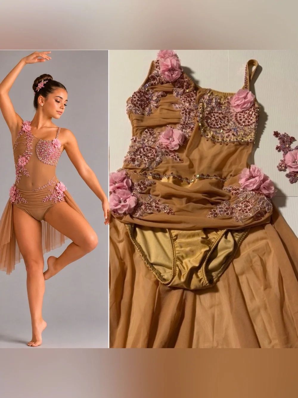 Custom Solo Dance Costume Tan Nude Illusion Rhinestone Floral SA Adult